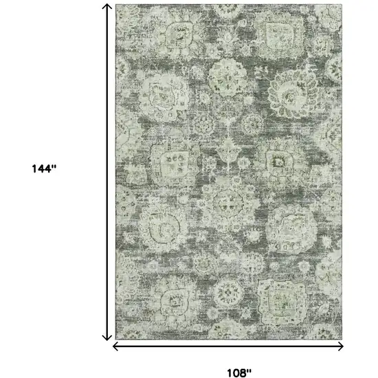 Artichoke Green Ivory And Gray Floral Washable Area Rug With UV Protection Photo 3