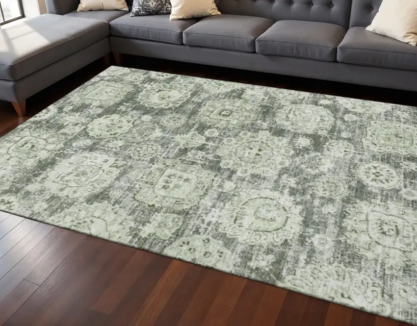 Artichoke Green Ivory And Gray Floral Washable Area Rug With UV Protection Photo 2