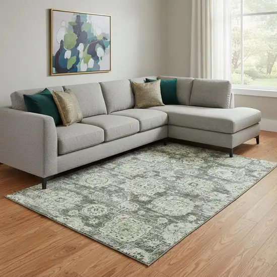 Artichoke Green Ivory And Gray Floral Washable Area Rug With UV Protection Photo 1