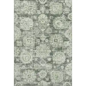 Photo of Artichoke Green Ivory And Gray Floral Washable Area Rug With UV Protection