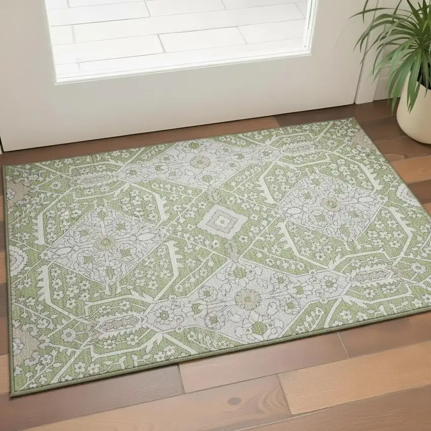 Artichoke Green Ivory And Gray Floral Washable Area Rug With UV Protection Photo 1