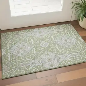 Photo of Artichoke Green Ivory And Gray Floral Washable Area Rug With UV Protection