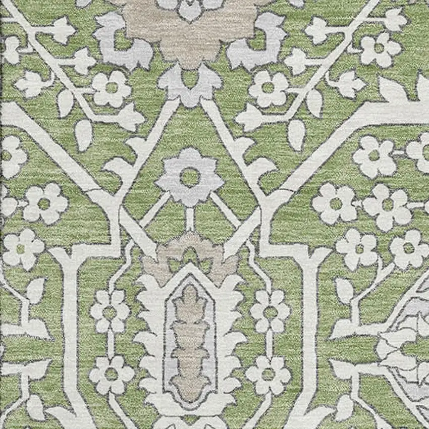 Artichoke Green Ivory And Gray Floral Washable Area Rug With UV Protection Photo 4