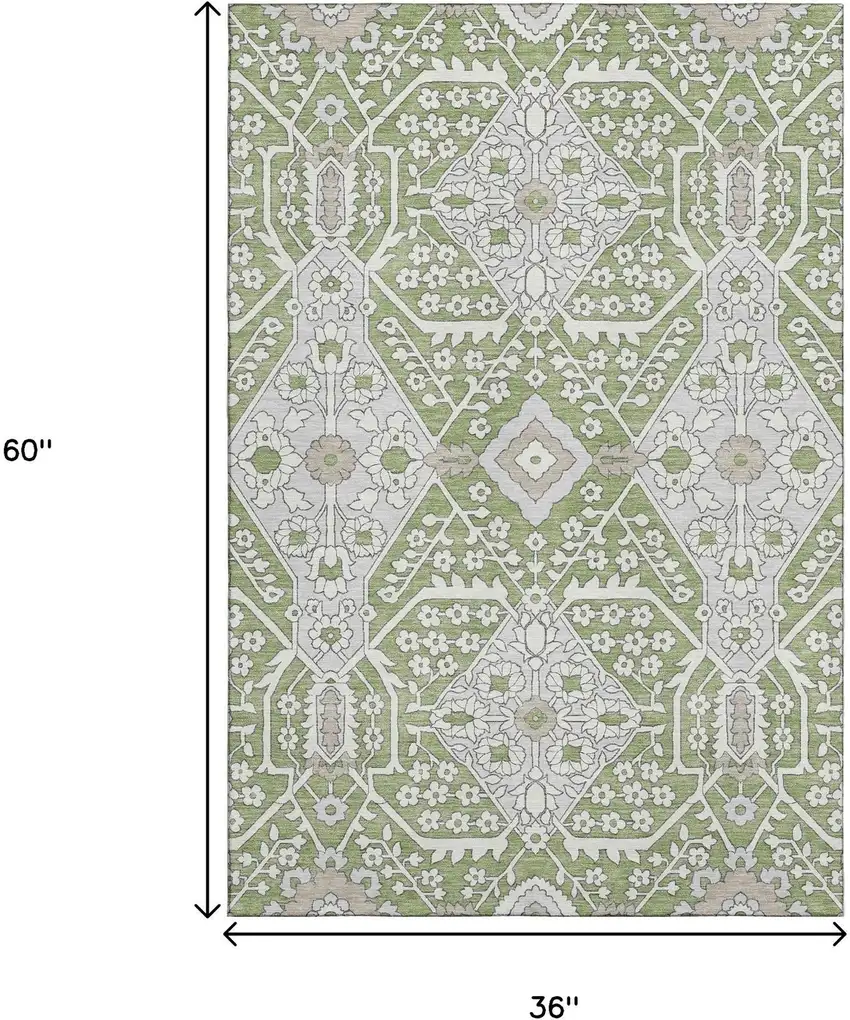 Artichoke Green Ivory And Gray Floral Washable Area Rug With UV Protection Photo 3