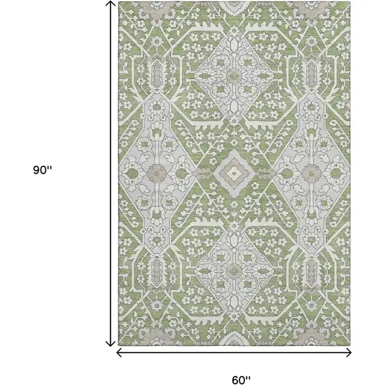 Artichoke Green Ivory And Gray Floral Washable Area Rug With UV Protection Photo 3