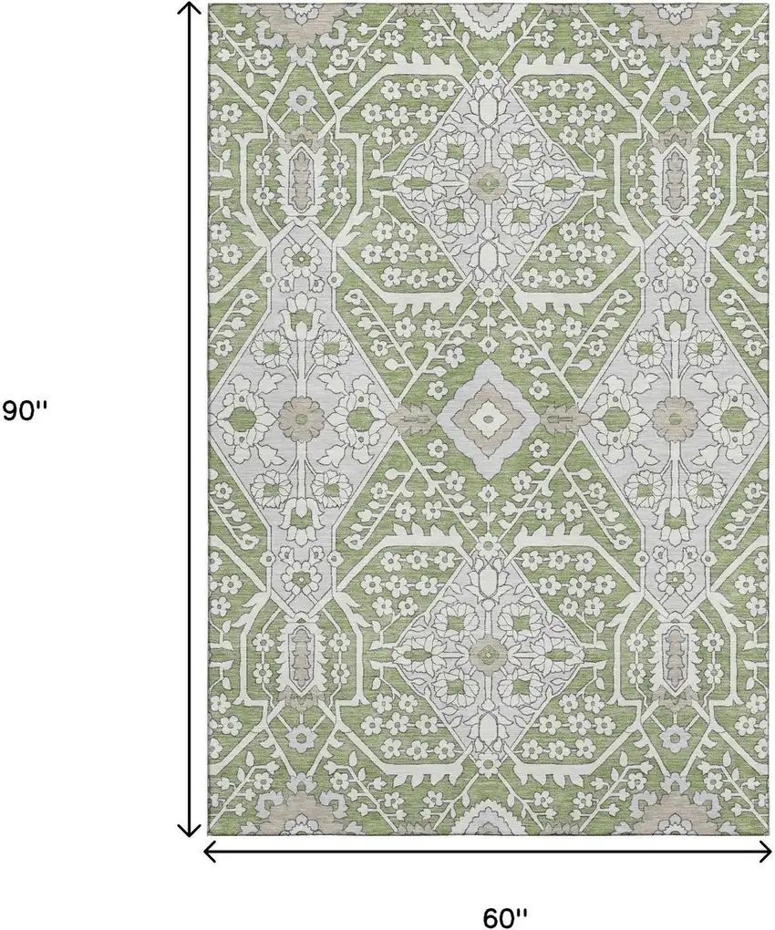 Artichoke Green Ivory And Gray Floral Washable Area Rug With UV Protection Photo 3