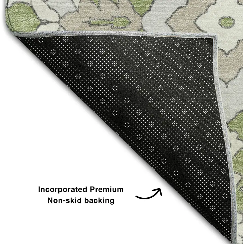 Artichoke Green Ivory And Gray Floral Washable Area Rug With UV Protection Photo 8