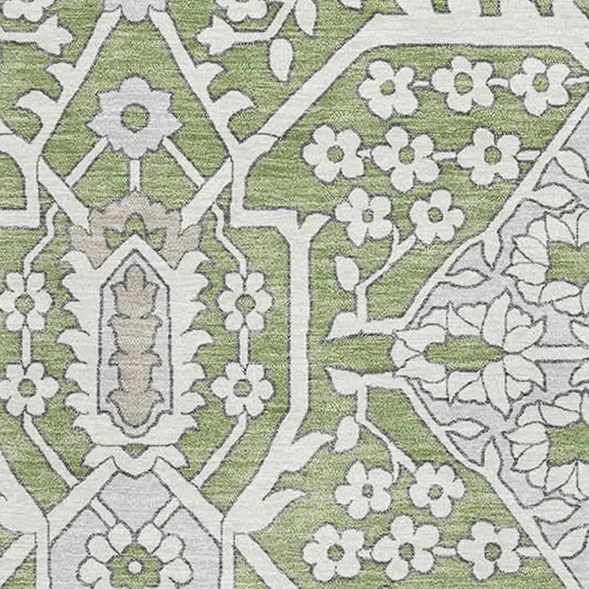 Artichoke Green Ivory And Gray Floral Washable Area Rug With UV Protection Photo 4