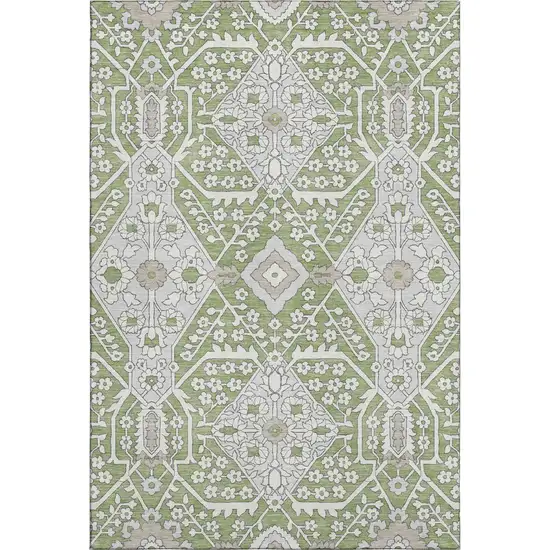 Artichoke Green Ivory And Gray Floral Washable Area Rug With UV Protection Photo 2