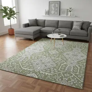 Photo of Artichoke Green Ivory And Gray Floral Washable Area Rug With UV Protection