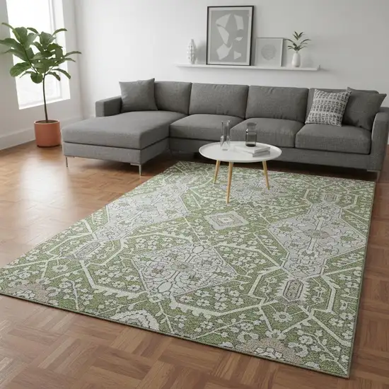 Artichoke Green Ivory And Gray Floral Washable Area Rug With UV Protection Photo 1