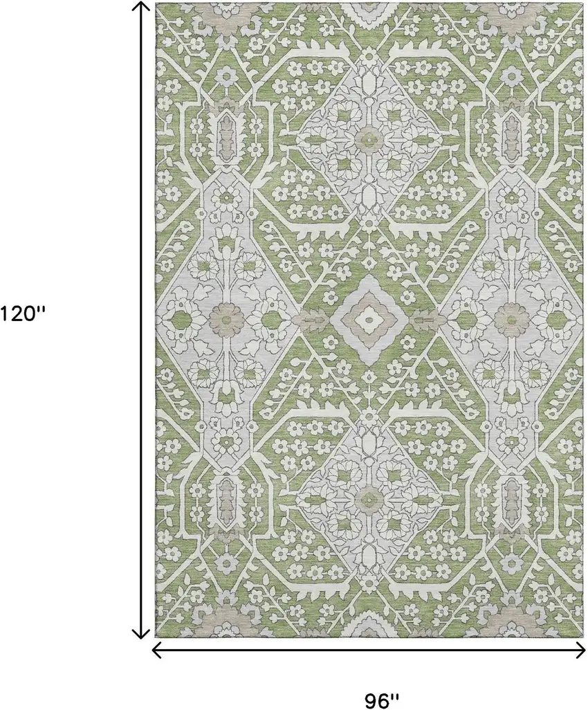 Artichoke Green Ivory And Gray Floral Washable Area Rug With UV Protection Photo 3