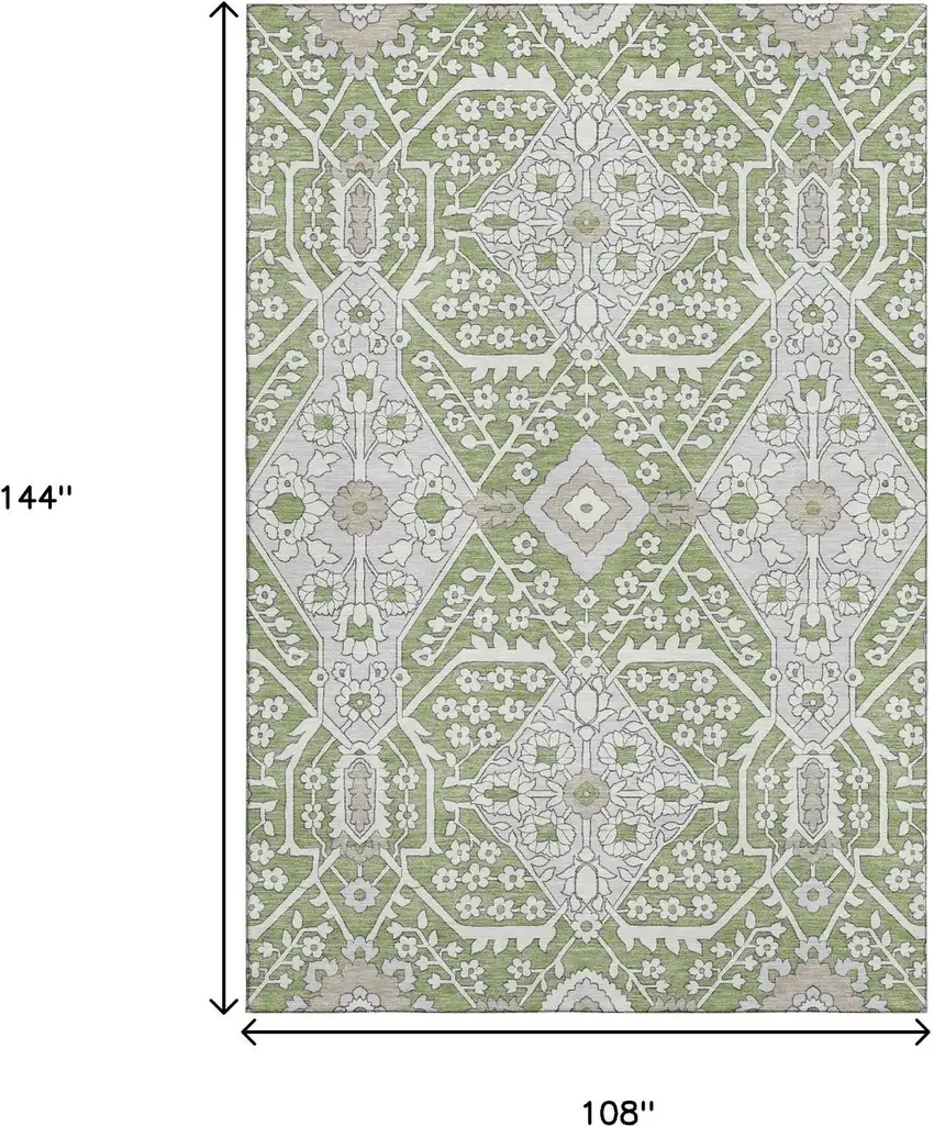 Artichoke Green Ivory And Gray Floral Washable Area Rug With UV Protection Photo 3