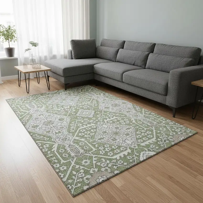 Artichoke Green Ivory And Gray Floral Washable Area Rug With UV Protection Photo 1