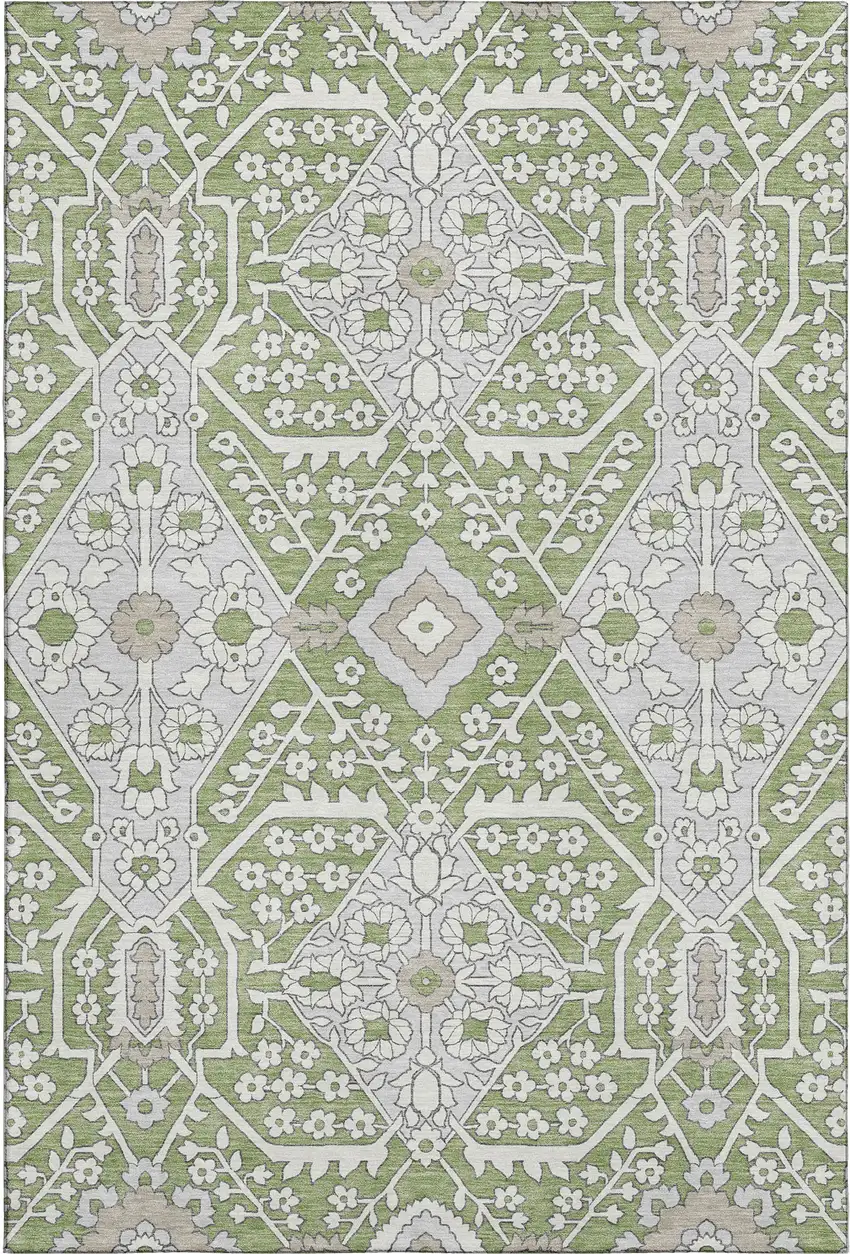 Artichoke Green Ivory And Gray Floral Washable Area Rug With UV Protection Photo 2