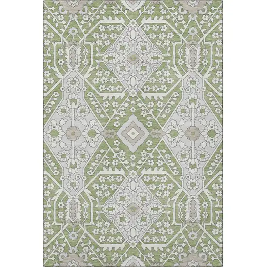 Artichoke Green Ivory And Gray Floral Washable Area Rug With UV Protection Photo 5
