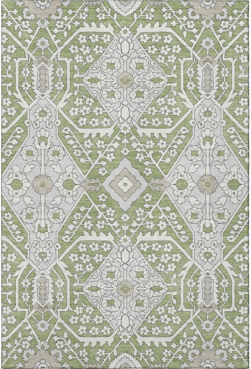 Artichoke Green Ivory And Gray Floral Washable Area Rug With UV Protection Photo 5