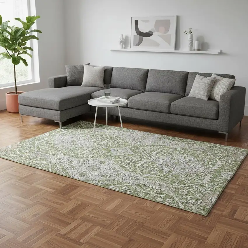 Artichoke Green Ivory And Gray Floral Washable Area Rug With UV Protection Photo 1