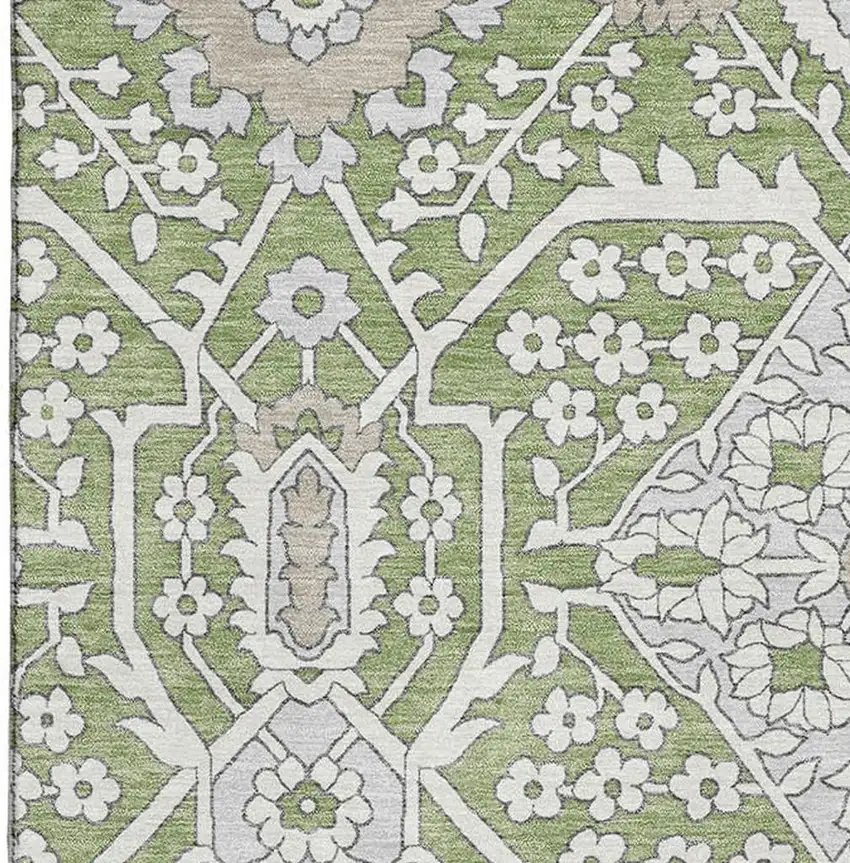Artichoke Green Ivory And Gray Floral Washable Area Rug With UV Protection Photo 4