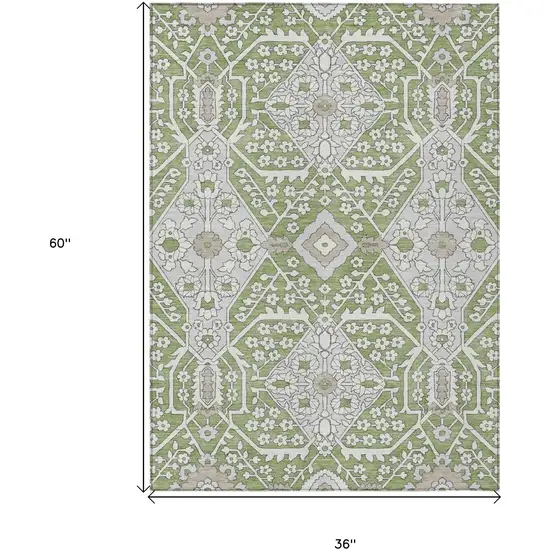 Artichoke Green Ivory And Gray Floral Washable Indoor Outdoor Area Rug Photo 3