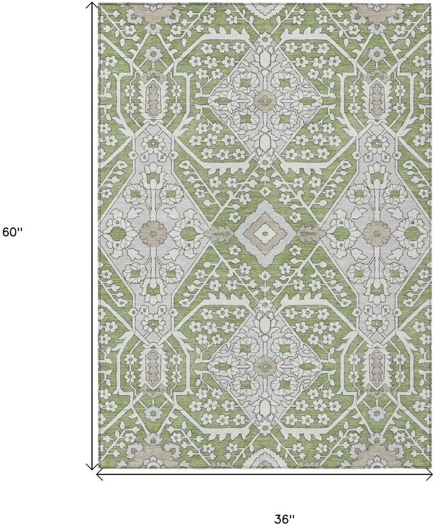 Artichoke Green Ivory And Gray Floral Washable Indoor Outdoor Area Rug Photo 3