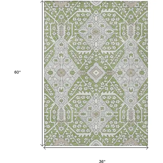 Artichoke Green Ivory And Gray Floral Washable Indoor Outdoor Area Rug Photo 3
