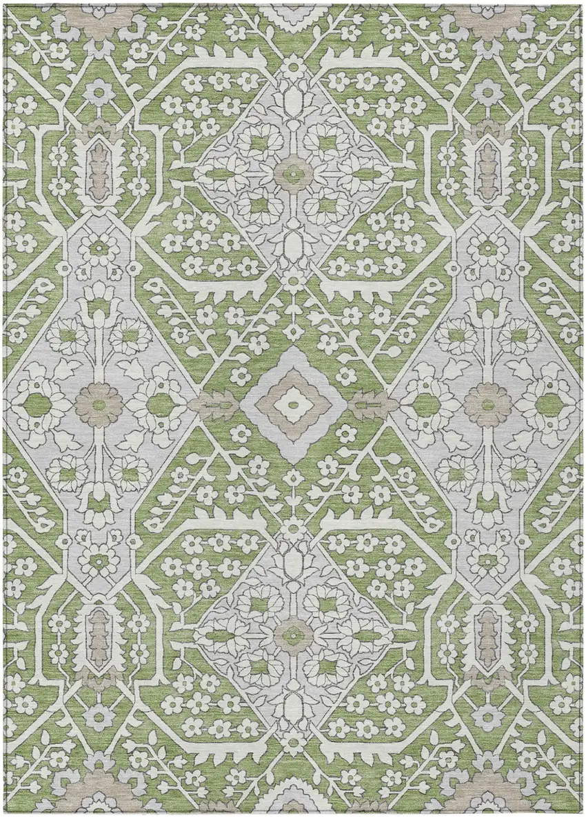 Artichoke Green Ivory And Gray Floral Washable Indoor Outdoor Area Rug Photo 2