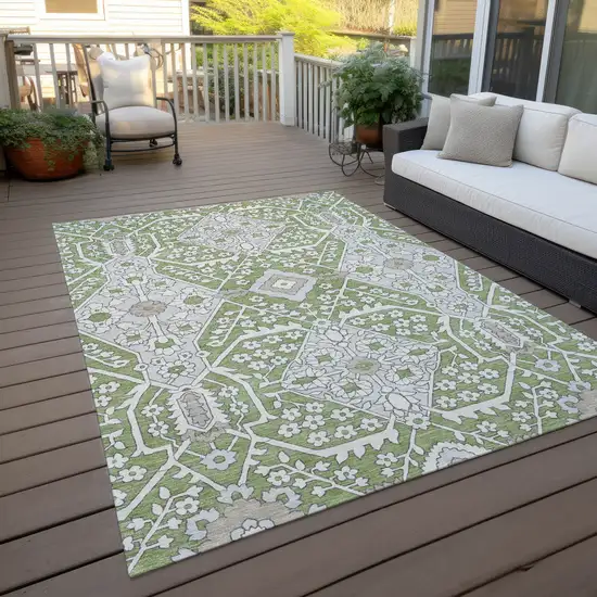 Artichoke Green Ivory And Gray Floral Washable Indoor Outdoor Area Rug Photo 9