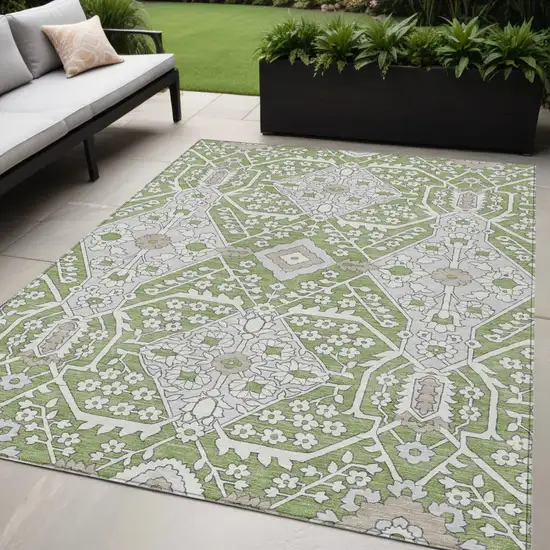 Artichoke Green Ivory And Gray Floral Washable Indoor Outdoor Area Rug Photo 1