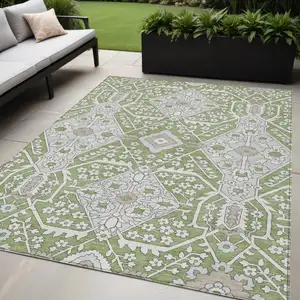 Photo of Artichoke Green Ivory And Gray Floral Washable Indoor Outdoor Area Rug
