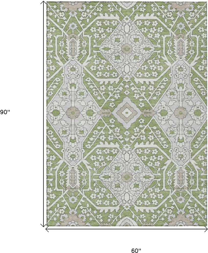 Artichoke Green Ivory And Gray Floral Washable Indoor Outdoor Area Rug Photo 3