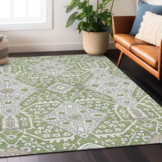 Artichoke Green Ivory And Gray Floral Washable Indoor Outdoor Area Rug Photo 9