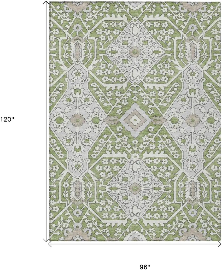 Artichoke Green Ivory And Gray Floral Washable Indoor Outdoor Area Rug Photo 3