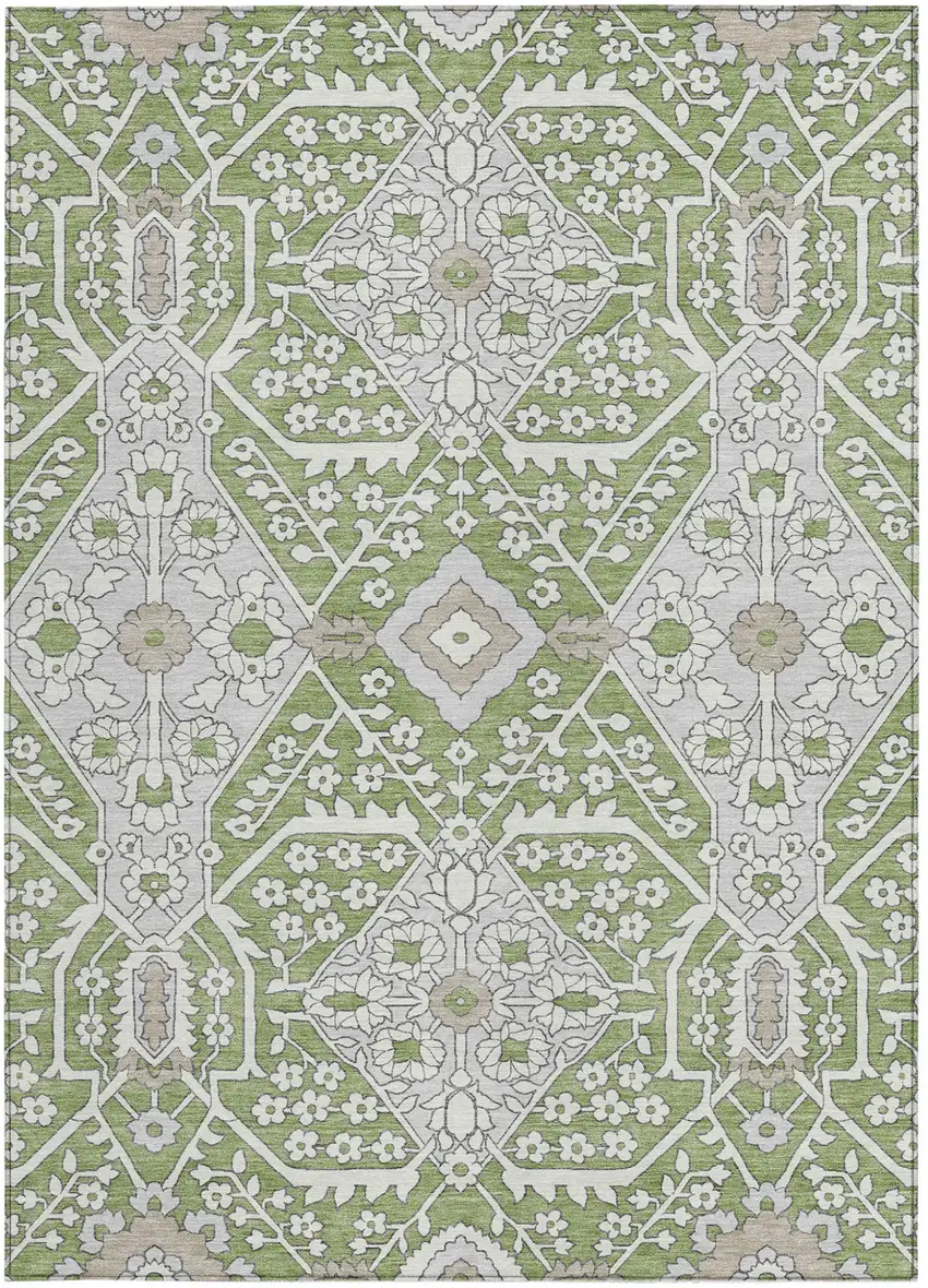 Artichoke Green Ivory And Gray Floral Washable Indoor Outdoor Area Rug Photo 8