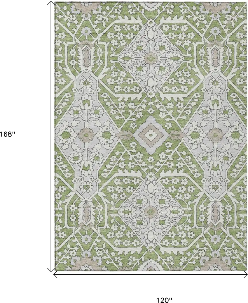 Artichoke Green Ivory And Gray Floral Washable Indoor Outdoor Area Rug Photo 3