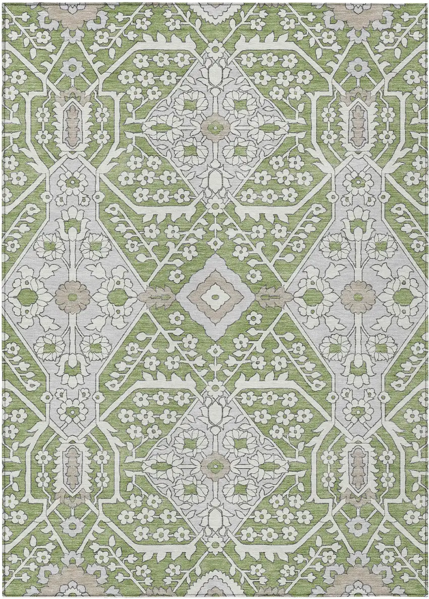 Artichoke Green Ivory And Gray Floral Washable Indoor Outdoor Area Rug Photo 2