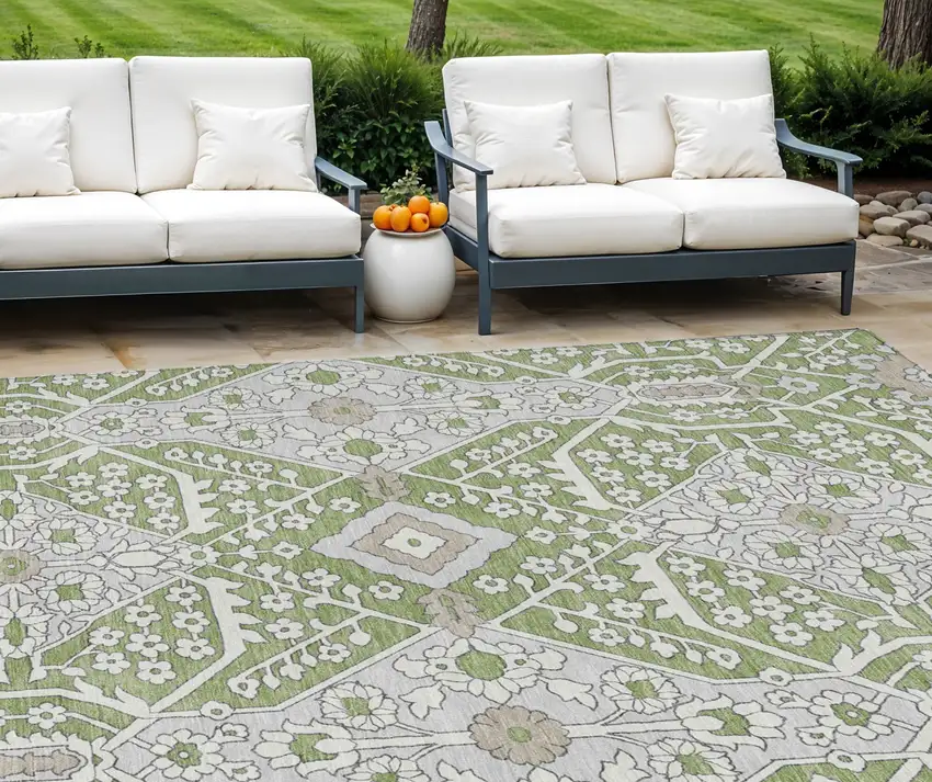 Artichoke Green Ivory And Gray Floral Washable Indoor Outdoor Area Rug Photo 1