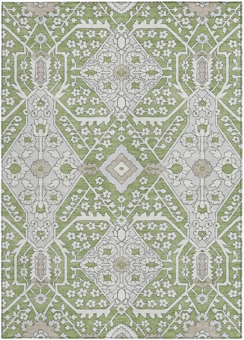 Artichoke Green Ivory And Gray Floral Washable Indoor Outdoor Area Rug Photo 8