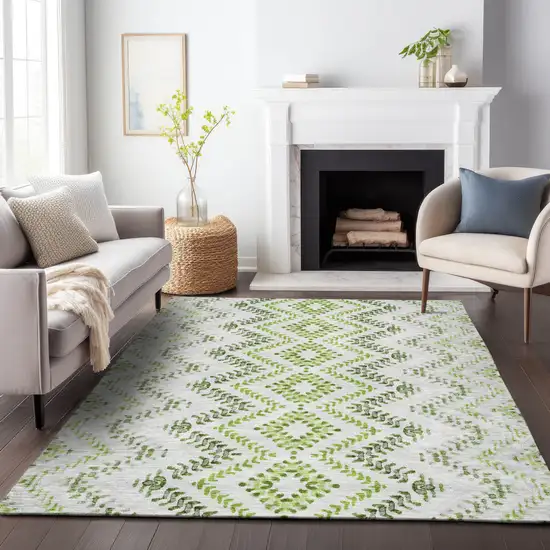 Artichoke Green Ivory And Gray Geometric Washable Area Rug With UV Protection Photo 4