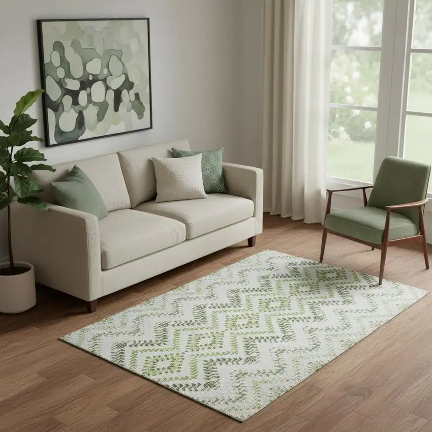 Artichoke Green Ivory And Gray Geometric Washable Area Rug With UV Protection Photo 1