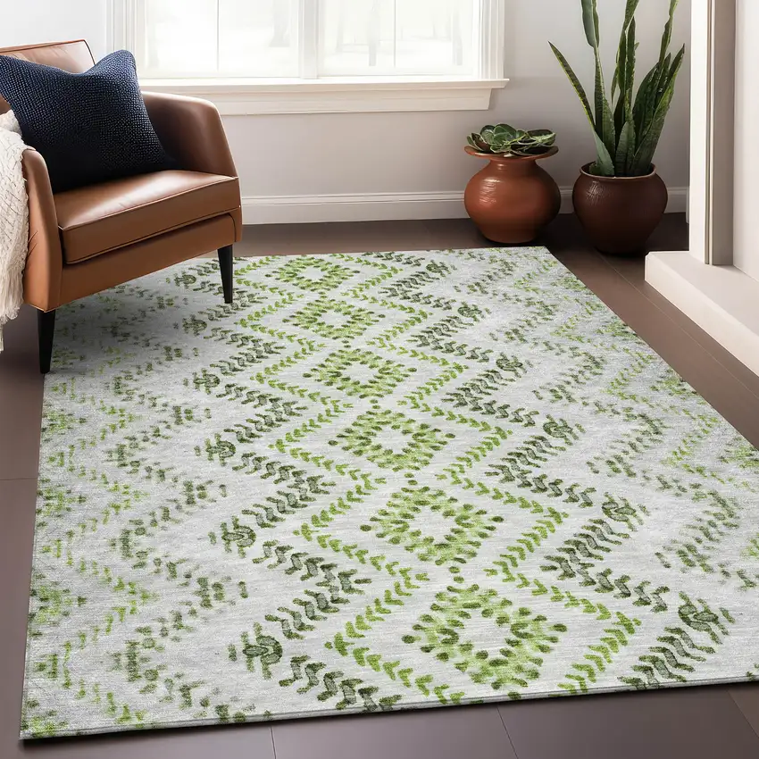 Artichoke Green Ivory And Gray Geometric Washable Area Rug With UV Protection Photo 5