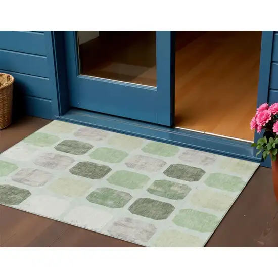 Artichoke Green Ivory And Gray Geometric Washable Indoor Outdoor Area Rug Photo 2