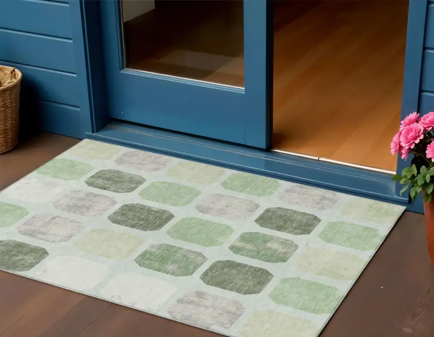 Artichoke Green Ivory And Gray Geometric Washable Indoor Outdoor Area Rug Photo 2