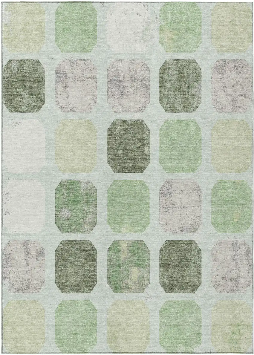 Artichoke Green Ivory And Gray Geometric Washable Indoor Outdoor Area Rug Photo 1