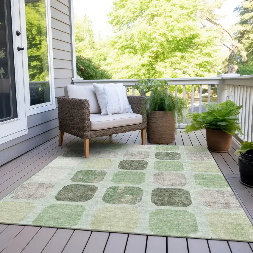 Artichoke Green Ivory And Gray Geometric Washable Indoor Outdoor Area Rug Photo 8