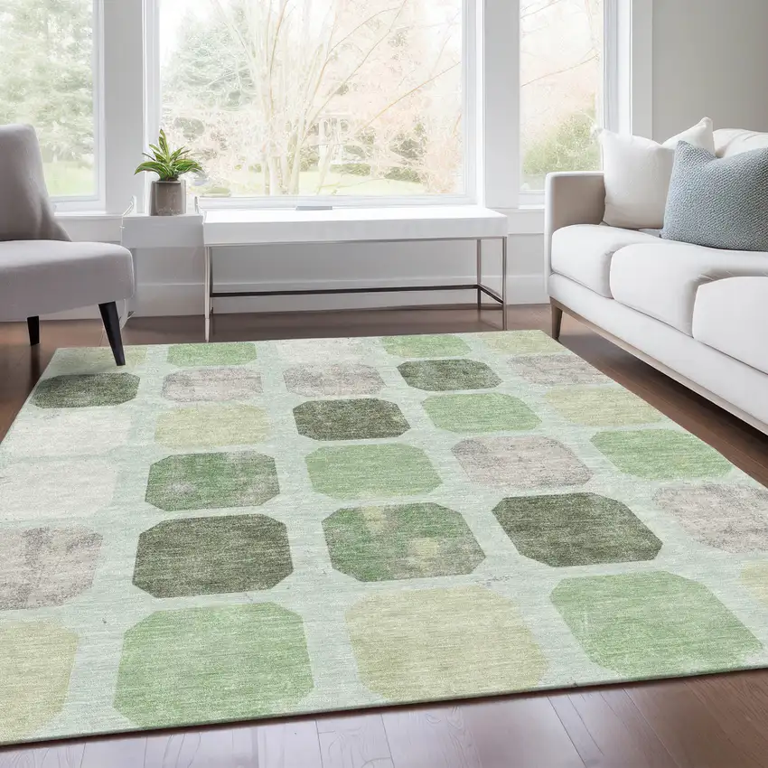 Artichoke Green Ivory And Gray Geometric Washable Indoor Outdoor Area Rug Photo 7