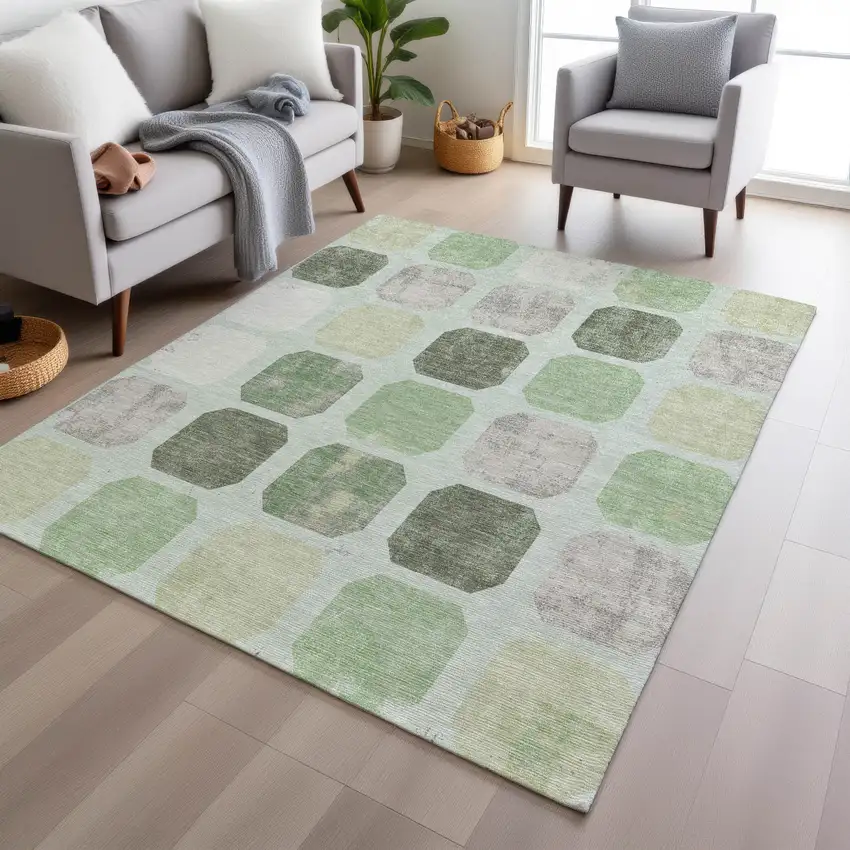 Artichoke Green Ivory And Gray Geometric Washable Indoor Outdoor Area Rug Photo 6