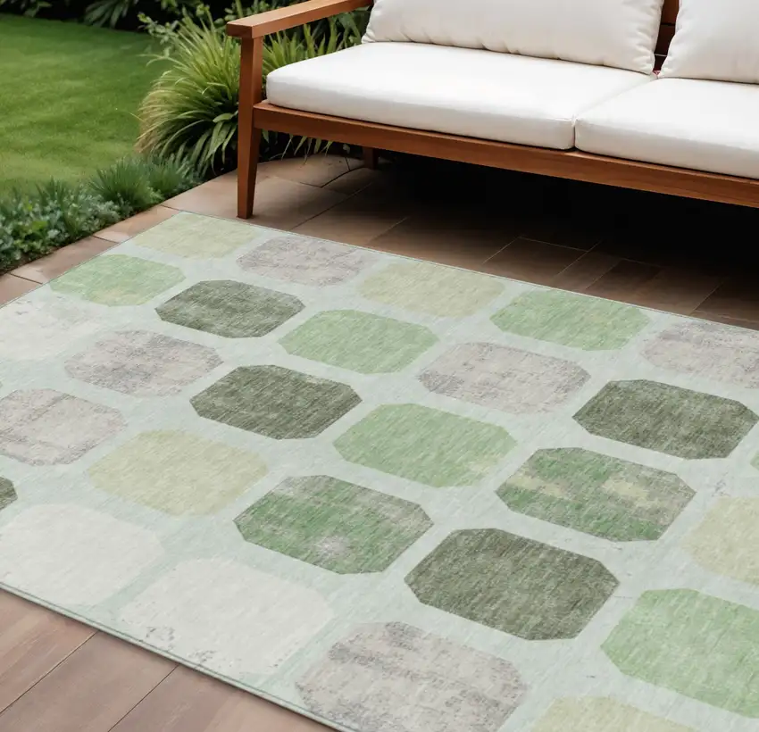 Artichoke Green Ivory And Gray Geometric Washable Indoor Outdoor Area Rug Photo 2