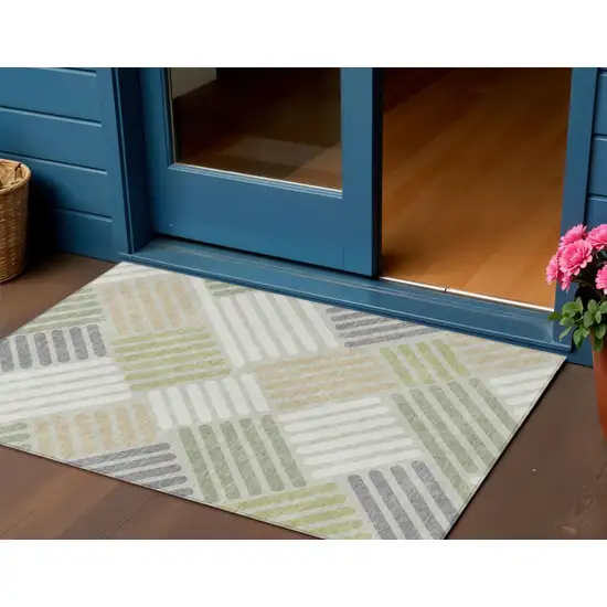 Artichoke Green Ivory And Gray Geometric Washable Indoor Outdoor Area Rug Photo 1