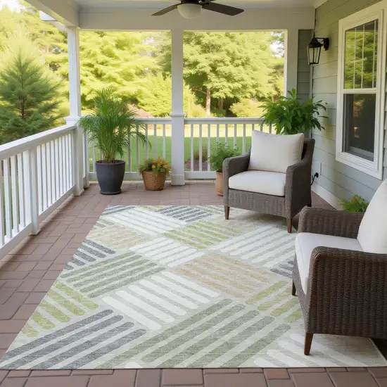 Artichoke Green Ivory And Gray Geometric Washable Indoor Outdoor Area Rug Photo 9